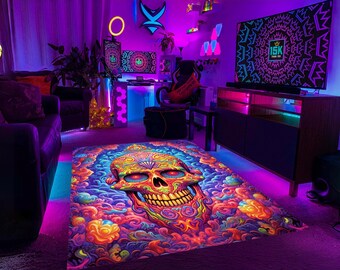 Het schedeltapijt, gotisch tapijt, psychedelisch tapijt, gotisch, gotisch, psychedelisch, de schedel, kleurrijk tapijt, coole tapijten, decoratief tapijt, bedrukt tapijt