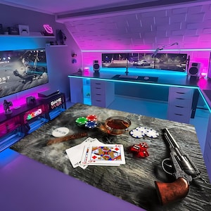 Kasino-Teppich, Würfelteppich, Kasino-Tischteppich, Pokerkarten-Designteppich, Glücksspielteppich, Spielzimmerteppich, Bedruckter Teppich