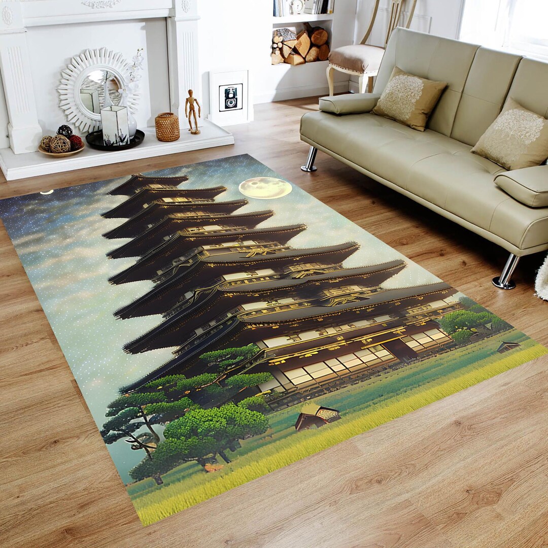 Japanese Pagoda Rug, Starry Night Sky Area Carpet, Zen Garden Decor Mat ...