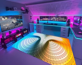 Gamer-Teppich, Binärcode-Teppich, optische Täuschung-Matte, Jugendzimmerdekor, Spielbereich-Teppich, bunte abstrakte Matte, Tech-Liebhaber-Geschenk, bedruckter Teppich