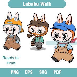 Labubu Walk Cartoon-clipart | Schattige konijntje karakter PNG SVG EPS pdf | Afdrukbare kunst voor T-shirt, knutselen, sublimatie | Set van 3 items