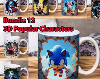 3D Cartoon Mug Design | 12 Character PNG Wraps (Digital Download)