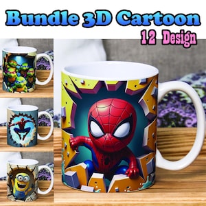 3D漫画マグカップデザインバンドル | 12種類のキュートなキャラクター映画デザイン | 昇華転写用デジタルダウンロード。11オンスと15オンスの昇華転写用PNGラップ
