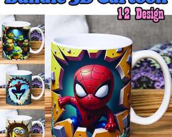 3D Cartoon Mug Design Bundle: 12 PNG Wraps for Sublimation (Digital Download)