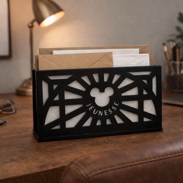 Soporte para cartas cortado con láser, Mickey Mouse oculto, organizador de escritorio estilo granja en blanco o negro.