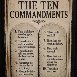 May include: A rectangular wall sign featuring the title THE TEN COMMANDMENTS in black text. Below, two stone tablet illustrations display the ten commandments in numbered lists. The design has a distressed, aged beige finish with black decorative borders.