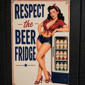May include: Vintage metal sign with the text "RESPECT the BEER FRIDGE" featuring a pin-up girl in a red plaid shirt and denim shorts. The sign includes a refrigerator with beer cans.