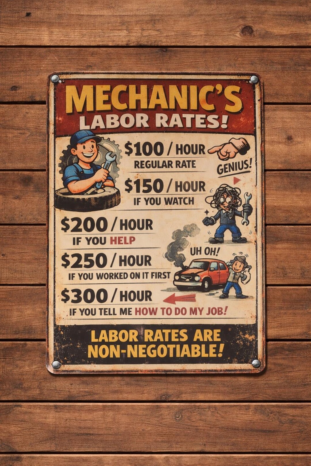 Mechanic Rates Sign Mechanic Gift Sign 8x12 Aluminum Labor Rates Garage Decor Man Cave ...