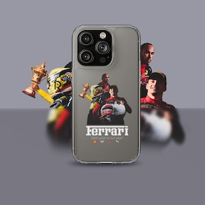 May include: A grey iPhone case featuring a Ferrari logo and the text "Next year is our year". The case has a photo of four racing drivers in their racing suits.