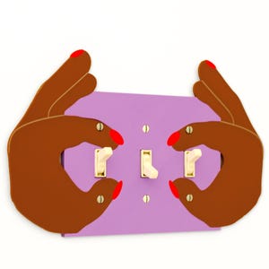May include: A decorative light switch cover with a lavender plate and three light switches. Two brown hands with red nail polish are positioned on either side of the plate, creating a unique design.