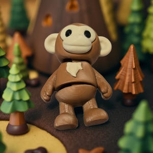 May include: A brown monkey figurine with a white face, ears, and chest detail stands in a miniature forest scene. The toy monkey has black eyes and is surrounded by small, stylized trees in various shades of green and brown.