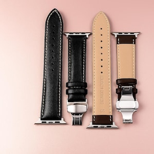 Genuine Leather Apple Watch Band with Butterfly Buckle – Compatible with Ultra, Series 8 7 6 SE 5 4 3 – 38mm 40mm 41mm 42mm 44mm 45mm 49mm