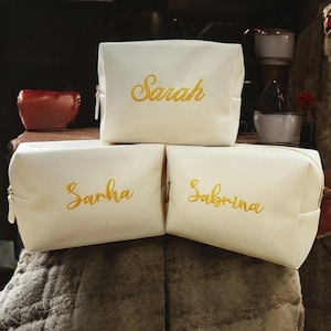 Personalized Embroidered Makeup Bag: Custom Name PU Leather Cosmetic Case