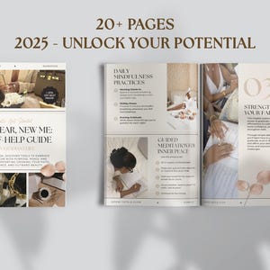 Könnte beinhalten: Ein Selbsthilfe-Ratgeber mit dem Titel "New Year, New Me" mit dem Text "2025 - Unlock Your Potential". Die Seiten des Buches enthalten Inhalte zu täglichen Achtsamkeitsübungen, geführter Meditation und Stärkung des Glaubens.