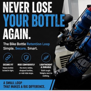 Pode incluir: Uma alça de retenção de borracha preta para garrafas de bicicleta, projetada para prender garrafas de água em suportes padrão. A imagem inclui texto, incluindo NEVER LOSE YOUR BOTTLE AGAIN, SIMPLE DESIGN, SERIOUS PERFORMANCE e RIDE FURTHER.