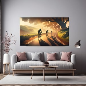 Ride into the Sunrise. Digital Cycling Art. Breathtaking Countryside Landscape. Morning Ride.  Wall art.