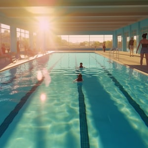 Puede incluir: Una piscina cubierta con agua azul clara y líneas de carril negras. La piscina está rodeada de grandes ventanales y hay gente nadando y sentada en el borde de la piscina.