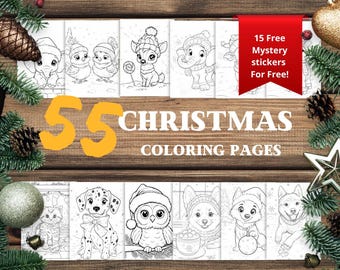 May include: A set of 55 black and white Christmas coloring pages featuring various animals, including a reindeer, elephant, owl, dog, and cat. The text "55 Christmas Coloring Pages" is printed in white on a yellow background. The text "15 Free Mystery Stickers For Free!" is printed in white on a red background.