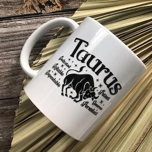 Taurus Zodiac Mug & Teaspoon Set – Personalized Astrology Gift, White Ceramic Cup with Black Lettering – Birthday Gifts - Taurus Gifts