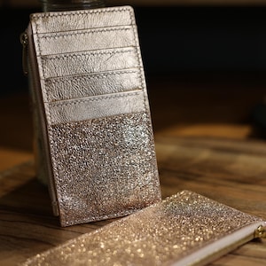 Portafoglio in pelle per donna, portafoglio per carte, portafoglio da donna, portafoglio sottile metallico, colore salmone