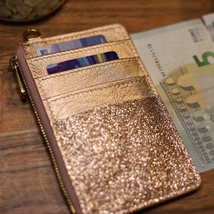 Cartera de piel para mujer, tarjetero, cartera de mujer, cartera fina metálica, color salmón