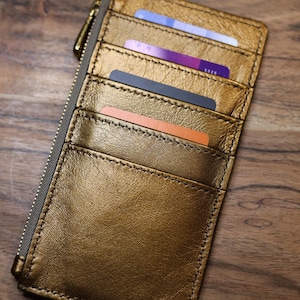 Cartera de piel para mujer, tarjetero, cartera para mujer, cartera fina metálica, color oro oscuro