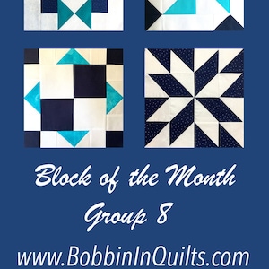 Puede incluir: Seis bloques de colcha en un esquema de color azul, blanco y verde azulado. Los bloques están dispuestos en dos filas de tres. Los bloques presentan patrones geométricos. El texto "Block of the Month Group 8" y "www.BobbinInQuilts.com" se encuentra en la parte inferior de la imagen.