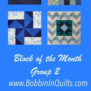 May include: Five different quilt blocks in blue, green and white fabrics. The blocks are arranged in a grid pattern. The text "Block of the Month Group 2 www.BobbinInQuilts.com" is at the bottom of the image.