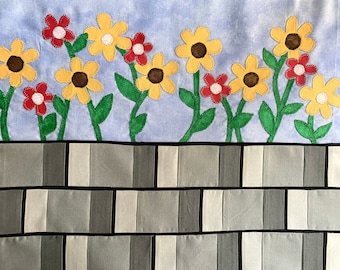 Sunflower Garden on a Brick Wall Mini Quilt, Table Runner, or Row - PDF Digital Download