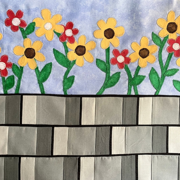 Sunflower Garden on a Brick Wall Mini Quilt, Table Runner, or Row - PDF Digital Download