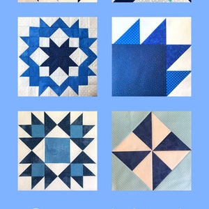 May include: Six different quilt blocks in shades of blue, white, and black. The blocks are arranged in two rows of three. The blocks are all different designs, but they all have a similar theme. The text "Block of the Month Group 6" and "www.BobbinInQuilts.com" is at the bottom of the image.