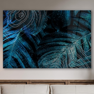 Modern Green Leaf Tempered Glass Wall Art, Luxury Botanical Decor for Living Room, Wall Decoration, Glass Wall Hanging, Gift for Her or Him