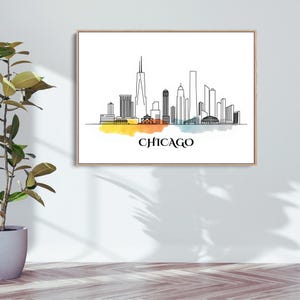 Chicago Watercolor Splash One Line Art  Minimalist City Skyline Printable Wall Art  Digital Download for Modern Home Decor or Gift