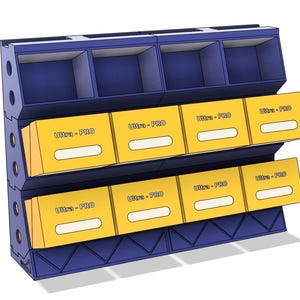 May include: A blue and yellow storage unit with multiple compartments. The unit has two rows of yellow boxes labeled "Ultra-PRO" with a white rectangle. The top section has open blue compartments. The unit is designed for organizing and storage.