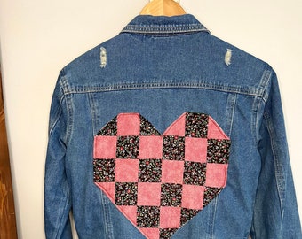 Upcycled Denim Jacket with quilted Heart and patches, Girls Size 14