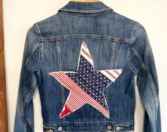 Upcycled Denim Jacket with quilted star and flag, Girls M 10-12