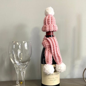 Wine Bottle Hat and Scarf, Hand Crocheted, in Pink and White