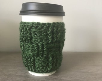 Coffee Cup Sleeve, Crochet Cup Cozy in Sage Green Basketweave Stitch