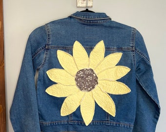 Upcycled Denim Jacket with quilted sunflower, Girls L 10-12