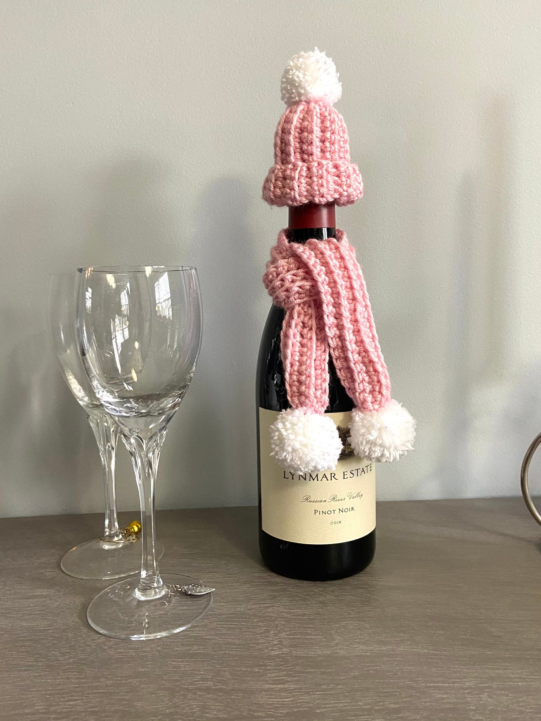 Wine Bottle Hat and Scarf, Hand Crocheted, in Pink and White Etsy