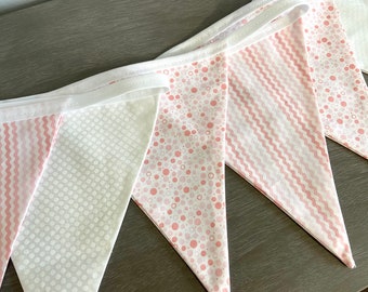 Bunting, Garland, in Shades of Pink and White, Nursery Baby's Room, 8 Feet Long