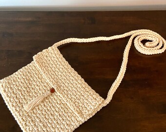 Crochet Cross Body Bag, in Ecru, Tan
