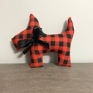 Scottie Dog Plush, Fabric Stuffed Dog, Black and Red Plaid