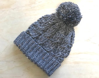 Cable Beanie Hat with Pom Pom, Hand Crocheted, in Grey Tweed