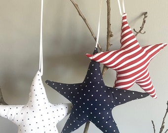 Fabric Stars, Set of 3, Stuffed Red, White and Blue Ornaments, Bowl Fillers, Patriotic