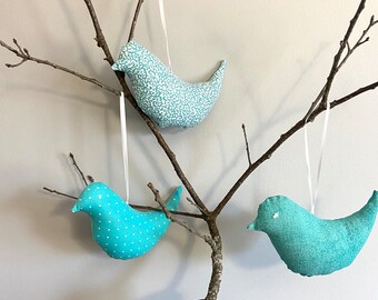 Fabric Birds, Set of 3, Stuffed Bird Ornaments, Bowl Fillers, Teal