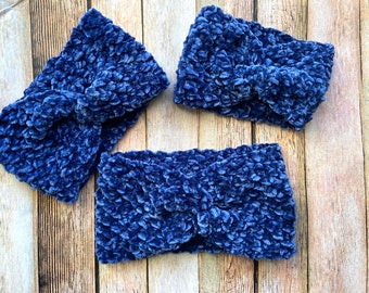 Velvet Twist Headband, Crochet in Dark Blue, 3 sizes available