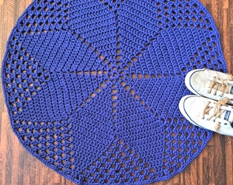 Crochet Doily Rug in Navy Blue 31", Handmade