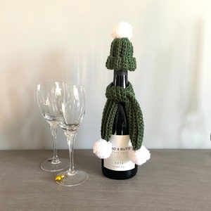 Christmas Wine Bottle Hat and Scarf, Hand Crocheted, in Green and White