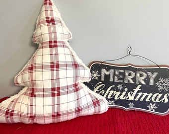 Large Christmas Tree Pillow in Plaid Flannel and Sherpa, Red and Cream